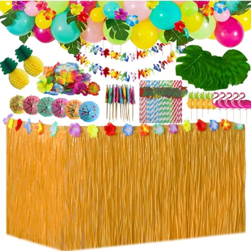 JIAJIAYI 94 Stück Hawaii Party Dekoration Set mit Ballon,Hawaii Luau Tischröcke Kit,Girlanden, Palmblätter, Ananas Flamingo Regenschirm Obst Stroh Kombition zum Grillen für Garten Beach Party Dekor von JIAJIAYI