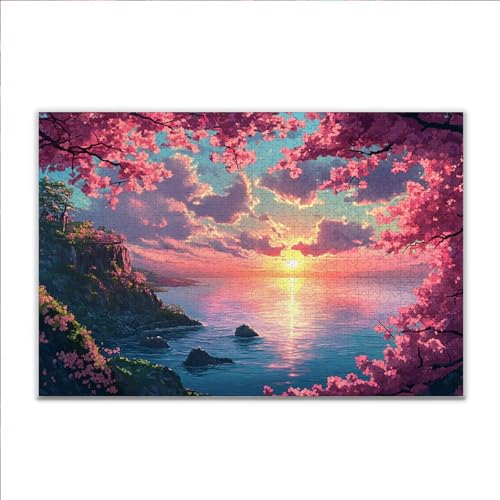 Puzzle 1000 Teile Sonnenuntergang Frühling Puzzle Erwachsene Anspruchsvoll, Klassische Holzpuzzle Erwachsene, Puzzlespiele für Die Ganze Familie, Wooden Jigsaw Puzzel ab 14 Jahre für Junge Mädchen X51 von JIANFREY