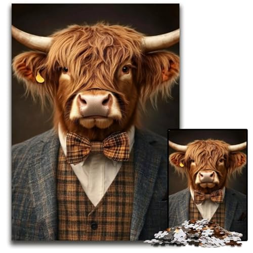 1000 Teile Puzzle für Erwachsene, Hochlandrinder in Anzügen, Holzpuzzle, Spiel für Erwachsene, Geschenk, Familien-Interaktives Spiel, Gehirn-Herausforderung, Geschenk, 50x75cm von JIANGENNF