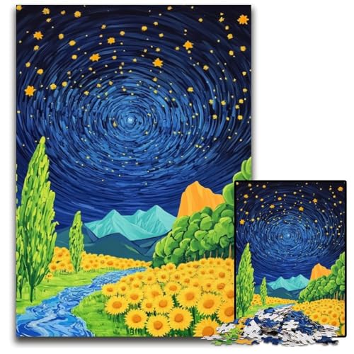 1000 Teile Puzzle für Erwachsene, Sonnenblumen unter dem Nachthimmel, Holzpuzzle, pädagogisches Denkspiel, künstlerische Heim- und Bürodekoration, ab 14 Jahren, 50x75cm von JIANGENNF