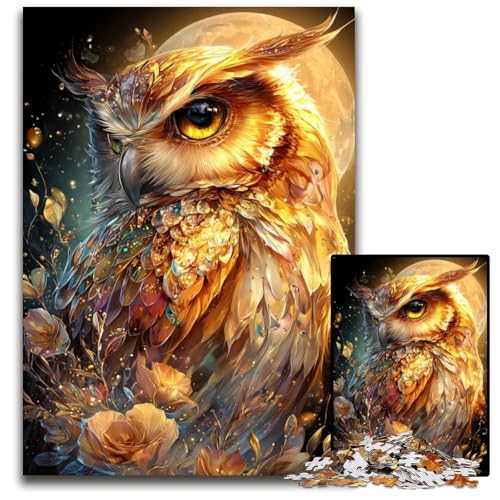 1000 Teile Puzzle für Erwachsene Goldene Eule Holzpuzzle Spiel für Erwachsene Geschenk Familieninteraktives Spiel Gehirnherausforderung Geschenk 50X75CM von JIANGENNF