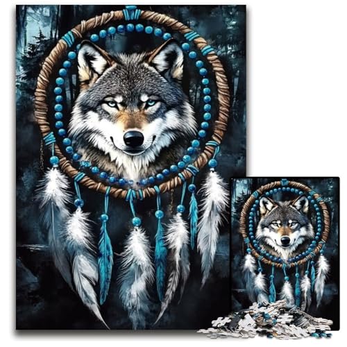 1000 Teile Puzzle für Erwachsene Traumfänger Wolf Holzpuzzle Spiel für Erwachsene Geschenk Familieninteraktives Spiel Gehirnherausforderung Geschenk 50X75CM von JIANGENNF