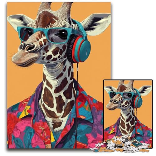 1000-teiliges Puzzle, Giraffe hört Musik, Holzpuzzle, DIY-Dekoration, Gehirn-Herausforderung, für Erwachsene, Familie, 50x75cm von JIANGENNF