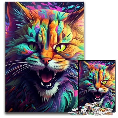 1000-teiliges Puzzle, farbenfrohe Kunst, psychedelische Katze, anspruchsvolles Denkspiel, dekoratives DIY-Spiel, interaktives Familienspielzeug, 26x38cm/10,23x14,96 Zoll von JIANGENNF