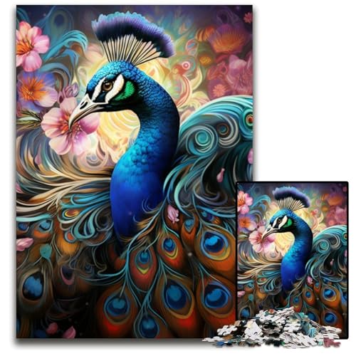 1000-teiliges Puzzle, farbenfroher Kunst-Pfau, anspruchsvolles Denkspiel, dekoratives DIY-Spiel, interaktives Familienspielzeug, 26x38cm/10,23x14,96 Zoll von JIANGENNF