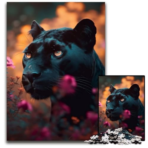 1000-teiliges Puzzle „Blumiger schwarzer Panther“, anspruchsvolles Puzzle, interaktives Familienspiel, Denksportaufgabe, Lernspielzeug, 50x75cm/19,68x29,52 Zoll von JIANGENNF