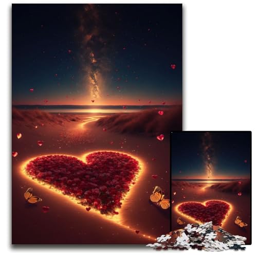 1000-teiliges Puzzle „Herz am Strand“, anspruchsvolles Puzzle, interaktives Familienspiel, Denksportaufgabe, Lernspielzeug, 50x75cm/19,68x29,52 Zoll von JIANGENNF