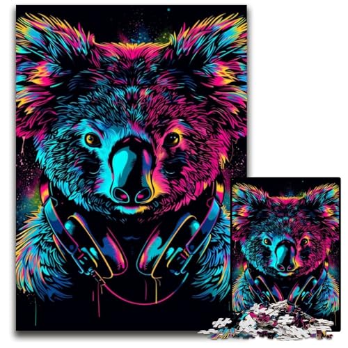 1000-teiliges Puzzle „Koala mit Kopfhörer-Sonnenbrille“, schwierige Rätsel für Erwachsene, anspruchsvolles DIY-Denkspiel, perfektes Familienspiel oder dekoratives Geschenk, 26x38cm/10,23x14,96 Zoll von JIANGENNF