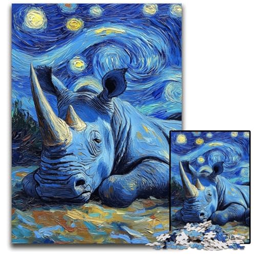 1000-teiliges Puzzle „Nashorn-Sternenhimmel“, anspruchsvolles Puzzle, interaktives Familienspiel, Denksportaufgabe, Lernspielzeug, 50x75cm/19,68x29,52 Zoll von JIANGENNF
