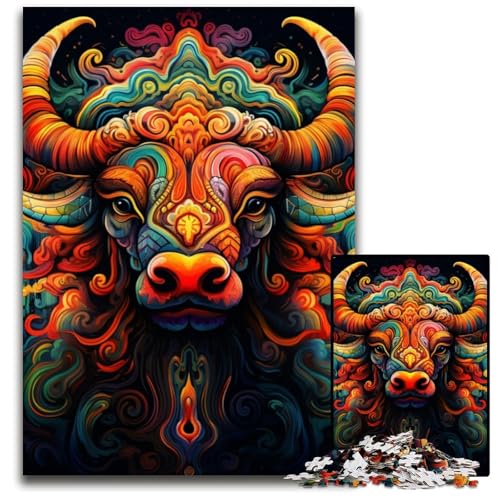 1000-teiliges Puzzle „Psychedelic Buffalo“ für Erwachsene, anspruchsvolles Denkspiel für Teenager, unterhaltsames interaktives Spiel für die ganze Familie, 26x38cm/10,23x14,96 Zoll von JIANGENNF