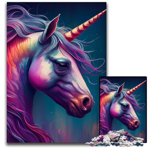 1000-teiliges Puzzle-Geschenk, Einhorn-Illustration, Holzpuzzle, anspruchsvolles Denkspiel – entspannendes Spielzeug für Teenager, 50x75cm/19,68x29,52 Zoll von JIANGENNF