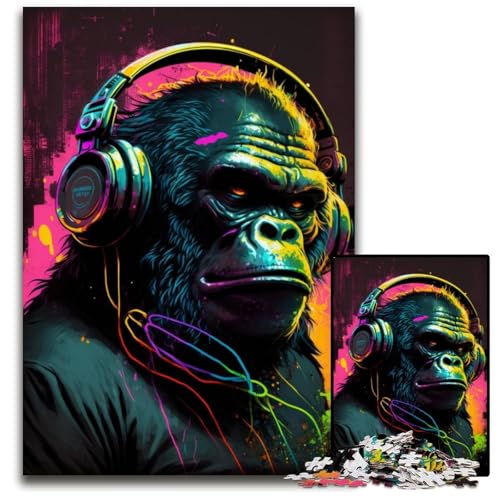 1000-teiliges Puzzle-Geschenk, Kopfhörer-Gorilla-Puzzles für Erwachsene, perfekt für Familienspaß, Partyspiele, Geburtstagsparty-Geschenke, 26x38cm/10,23x14,96 Zoll von JIANGENNF