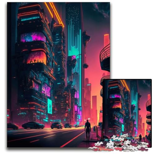 1000-teiliges Puzzle-Geschenk, Neonstädte, Holzpuzzle, anspruchsvolles Denkspiel – entspannendes Spielzeug für Teenager, 50x75cm/19,68x29,52 Zoll von JIANGENNF