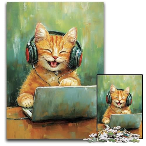 1000-teiliges Puzzle Katze hört Musik, Holzpuzzle, Spiele, Spielzeug, Geschenk, stärkt die Liebe zwischen Paaren, für Kinder ab 14 Jahren, 50x75cm von JIANGENNF