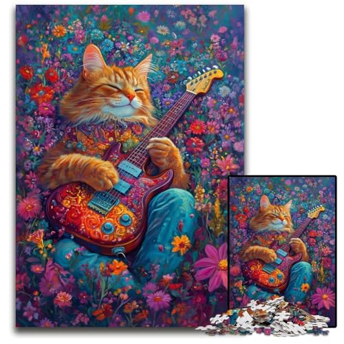 1000-teiliges Puzzle Katze spielt Gitarre zwischen Blumen, Holzpuzzle, anspruchsvolles Denkspiel für Teenager, Spaß für den Familienspieleabend, 50x75cm 1000-teiliges Puzzle Katze spielt Gitarre zwischen Blumen, Holzpuzzle, anspruchsvolles Denkspiel für Teenager, Spaß für den Familienspieleabend, 50x75cm von JIANGENNF