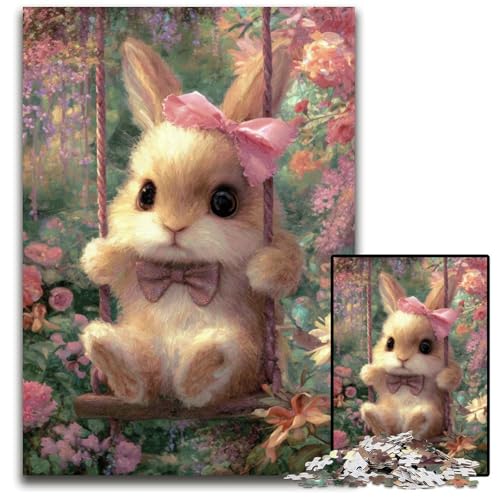 1000-teiliges Puzzle für Erwachsene, Baby-Häschen auf der Schaukel, Holzpuzzle mit interaktivem Familienspiel, Kinder ab 14 Jahren, 50x75cm von JIANGENNF