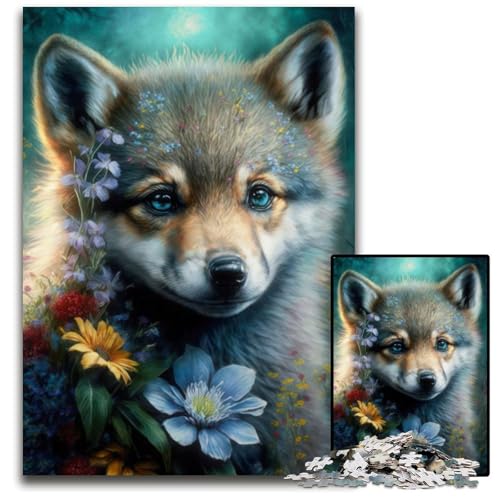 1000-teiliges Puzzle für Erwachsene, Babywolf mit Blumen, Puzzle für Erwachsene, Lernspielzeug für Teenager, Heimbüro-Dekor, 50x75cm/19,68x29,52 Zoll von JIANGENNF