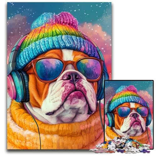 1000-teiliges Puzzle für Erwachsene, Bulldogge hört Musik, Holzpuzzle für Familienspaß, geeignet als Schreibtischdekoration für Kinder ab 14 Jahren, 50x75cm von JIANGENNF