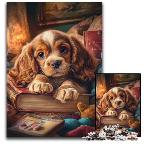 1000-teiliges Puzzle für Erwachsene, Cocker Spaniel, Lesen, Holzpuzzle, Spiel für Erwachsene, Geschenk, Familien-Interaktives Spiel, Gehirn-Herausforderung, Geschenk, 50x75cm von JIANGENNF