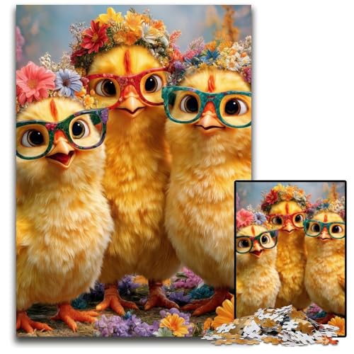 1000-teiliges Puzzle für Erwachsene, DREI kleine Hühner, Holzpuzzle, Denksportaufgabe, Teenager und Heimdekoration, 50x75cm von JIANGENNF