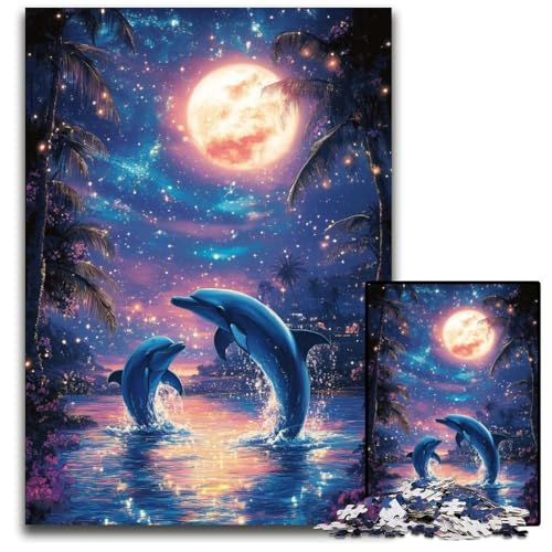 1000-teiliges Puzzle für Erwachsene, Delfine unter dem Mond, Papppuzzle für Familienspaß, geeignet als Schreibtischdekoration für Kinder ab 14 Jahren, 26x38cm von JIANGENNF