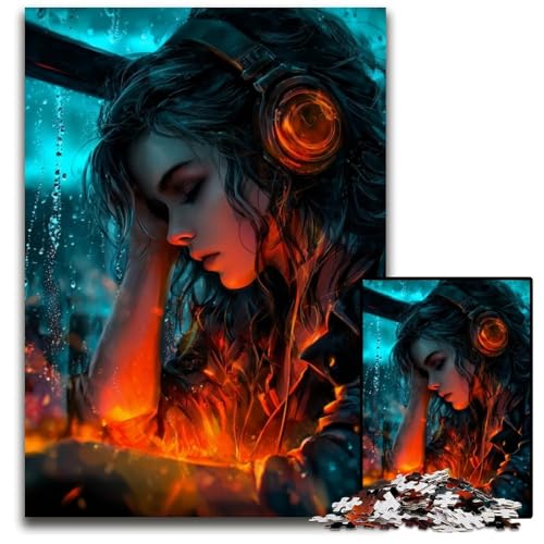 1000-teiliges Puzzle für Erwachsene, Frau hört Musik, Holzpuzzle, Denksportaufgabe, Teenager und Heimdekoration, 50x75cm von JIANGENNF