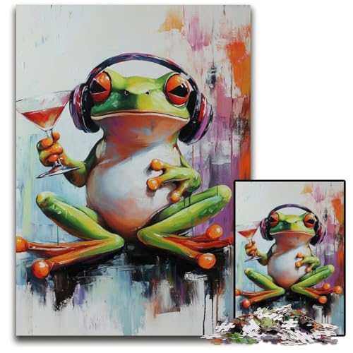 1000-teiliges Puzzle für Erwachsene, Frosch hört Musik, Holzpuzzle, kompliziertes Design für Teenager, DIY-Dekor und gehirnfördernder Spaß, 50x75cm von JIANGENNF