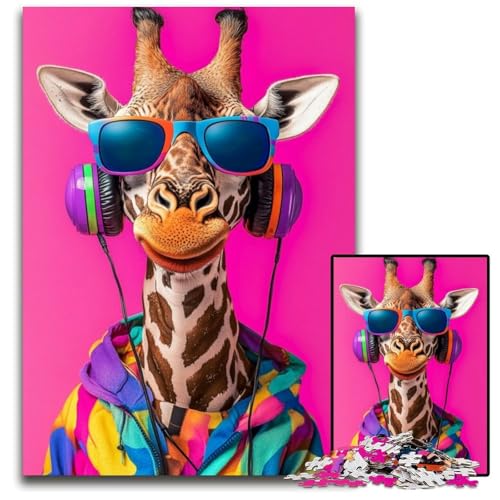 1000-teiliges Puzzle für Erwachsene, Giraffe hört Musik, Holzpuzzles für Familienspaß, geeignet als Schreibtischdekoration für Kinder ab 14 Jahren, 50x75cm von JIANGENNF