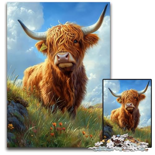 1000-teiliges Puzzle für Erwachsene, Highland Cow Puzzle, Lernspiele, Fördern Sie die Liebe zwischen Paaren, für Kinder ab 14 Jahren, 50x75cm von JIANGENNF