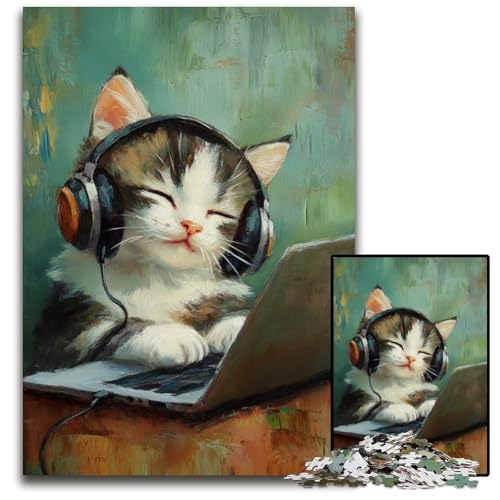 1000-teiliges Puzzle für Erwachsene, Katze hört Musik, Holzpuzzle mit interaktivem Familienspiel, Kinder ab 14 Jahren, 50x75cm von JIANGENNF
