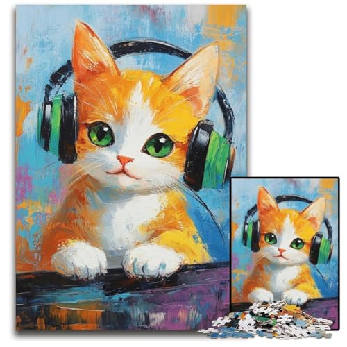 1000-teiliges Puzzle für Erwachsene, Katze hört Musik, Papppuzzle, lustige Spiele, ganze Familie, für Kinder ab 14 Jahren, 26x38cm von JIANGENNF
