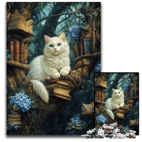 1000-teiliges Puzzle für Erwachsene, Katze schläft auf Bücherregal, Lernspielzeug, ganze Familie, ab 14 Jahren, 26x38cm von JIANGENNF