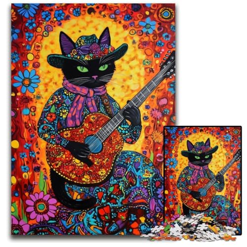 1000-teiliges Puzzle für Erwachsene, Katze spielt Gitarre zwischen Blumen, Holzpuzzle, farbenfrohe Heimdekoration und interaktives Familienspiel, 50x75cm von JIANGENNF