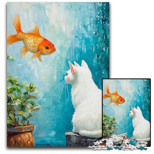 1000-teiliges Puzzle für Erwachsene, Katze und Goldfisch, Karton-Puzzle, interaktives Familienspiel, Denksport-Geschenk, Lernspielzeug, 26x38cm von JIANGENNF