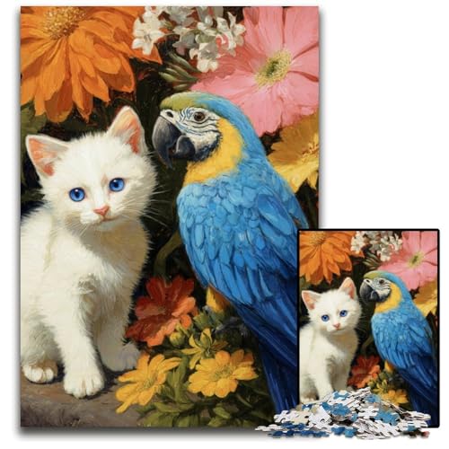 1000-teiliges Puzzle für Erwachsene, Katze und Papagei, Holzpuzzle mit interaktivem Familienspiel, Kinder ab 14 Jahren, 50x75cm von JIANGENNF