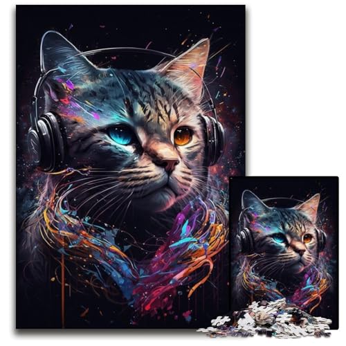 1000-teiliges Puzzle für Erwachsene, Kopfhörer, Katze, Holzpuzzle, ideal für Verliebte, perfektes Weihnachts-, Neujahrs- und Valentinstagsgeschenk, 50x75cm/19,68x29,52 Zoll von JIANGENNF