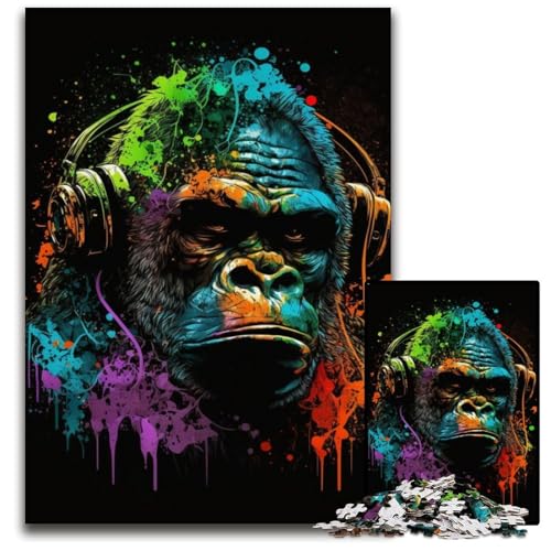 1000-teiliges Puzzle für Erwachsene, Kopfhörer, Schimpanse, Holzpuzzle, farbenfrohe Heimdekoration und interaktives Familienspiel, 50x75cm/19,68x29,52 Zoll von JIANGENNF