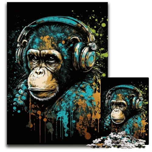 1000-teiliges Puzzle für Erwachsene, Kopfhörer, Schimpansen-Puzzles für Erwachsene, anspruchsvolles DIY-Denkspiel für Teenager, 26x38cm/10,23x14,96 Zoll von JIANGENNF