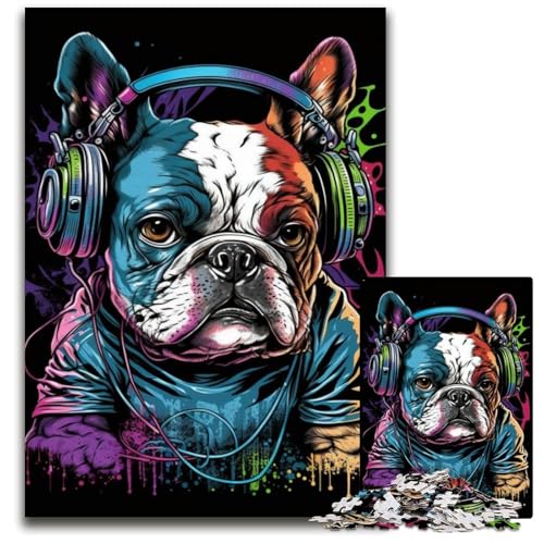 1000-teiliges Puzzle für Erwachsene, Kopfhörer-Bulldoggen-Puzzle aus Pappe, ideal für Verliebte, perfektes Weihnachts-, Neujahrs- und Valentinstagsgeschenk, 26x38cm/10,23x14,96 Zoll von JIANGENNF