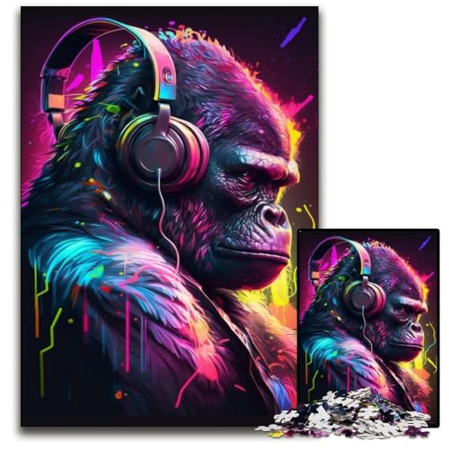 1000-teiliges Puzzle für Erwachsene, Kopfhörer-Gorilla, unmögliches Puzzle für Erwachsene, perfekt als Geburtstags-, Weihnachts, 50x75cm/19,68x29,52 Zoll von JIANGENNF