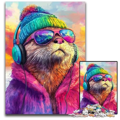 1000-teiliges Puzzle für Erwachsene, Otter hört Musik, Puzzle aus Pappe, Lernspiele, mit passendem Poster und Quizblatt, für Kinder ab 14 Jahren, 26x38cm von JIANGENNF