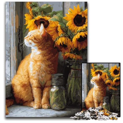 1000-teiliges Puzzle für Erwachsene, Sonnenblumen- und Katzen-Puzzle aus Pappe für Erwachsene, Lernspiel, Herausforderungsspielzeug für Erwachsene Teenager, 26x38cm 1000-teiliges Puzzle für Erwachsene, Sonnenblumen- und Katzen-Puzzle aus Pappe für Erwachsene, Lernspiel, Herausforderungsspielzeug für Erwachsene Teenager, 26x38cm von JIANGENNF