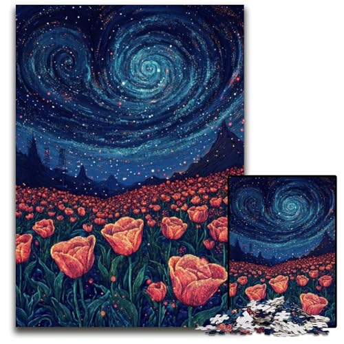 1000-teiliges Puzzle für Erwachsene, Tulpen unter dem Nachthimmel, Lernspielzeug, ganze Familie, ab 14 Jahren, 26x38cm von JIANGENNF