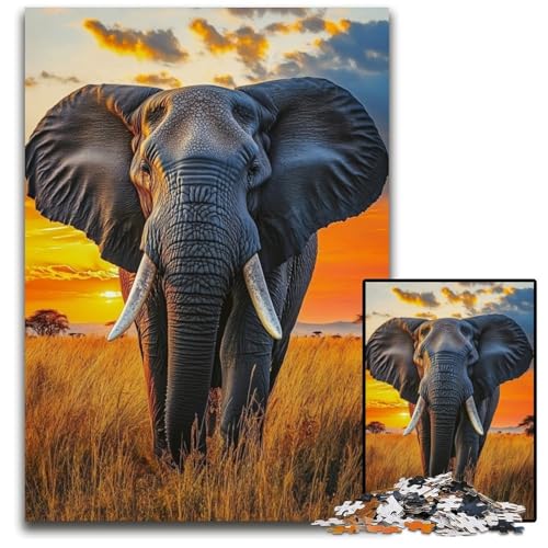 1000-teiliges Puzzle für Erwachsene, afrikanischer Savannen-Elefant, Holzpuzzle mit interaktivem Familienspiel, Kinder ab 14 Jahren, 50x75cm von JIANGENNF