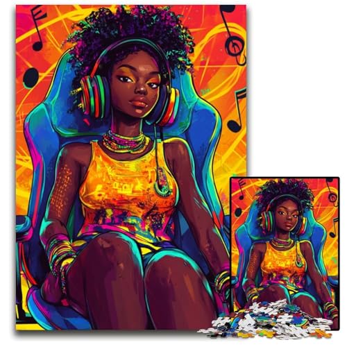 1000-teiliges Puzzle für Erwachsene, schwarzes Mädchen hört Musik, Kartonpuzzle mit interaktivem Familienspiel, Kinder ab 14 Jahren, 26x38cm von JIANGENNF