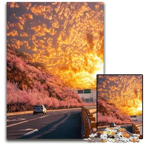 1000-teiliges Puzzle für Erwachsene Sunset Road, Kartonpuzzle, Lernspiele, mit passendem Poster und Quizblatt, für Kinder ab 14 Jahren, 26x38cm von JIANGENNF