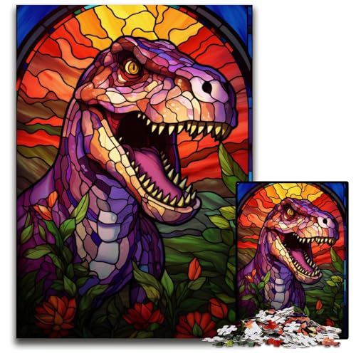 1000-teiliges Puzzle für Erwachsene und Jugendliche, Buntglas-Dinosaurier-Holzpuzzle für Heimdekorationsgeschenke, anspruchsvolles Familienspielzeug, perfekt für Spieleabende, 50x75cm von JIANGENNF