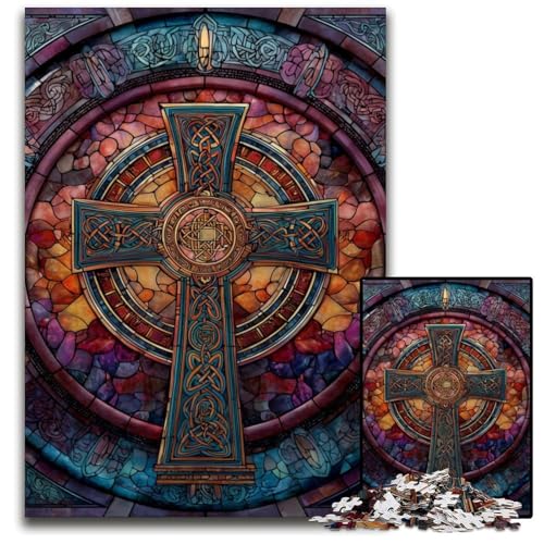 1000-teiliges Puzzle für Erwachsene und Jugendliche, Buntglaskreuz, Holzpuzzle, Teenager, Paare und Freunde zum Geburtstag, Weihnachten, 50x75cm von JIANGENNF