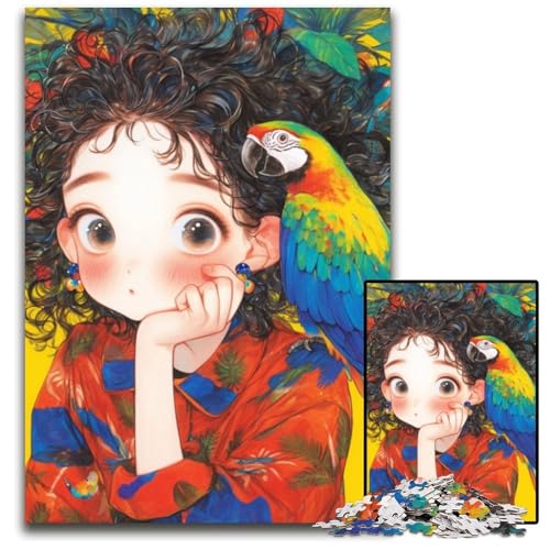 1000-teiliges Puzzle für Erwachsene und Teenager, Mädchen und Papagei, lustige Puzzlespiele, ganze Familie, für Kinder ab 14 Jahren, 26x38cm von JIANGENNF