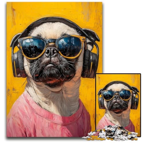 1000-teiliges Puzzle für Erwachsene und Teenager, Mops hört Musik, Papppuzzles als Geschenk zur Heimdekoration, anspruchsvolles Familienspielzeug, perfekt für Spieleabende, 26x38cm von JIANGENNF